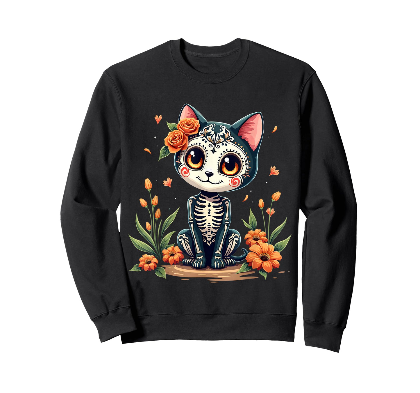 Colorful Sugar Skull Cat Tee Mexican Halloween T-Shirt