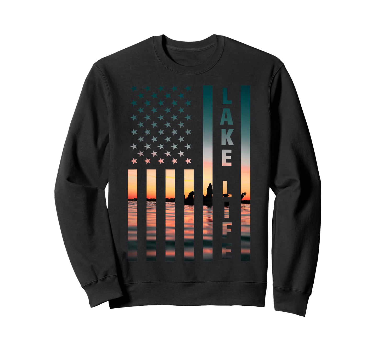 Lake Life Fisherman Sunset American Flag Bass Fishing Boat T-Shirt