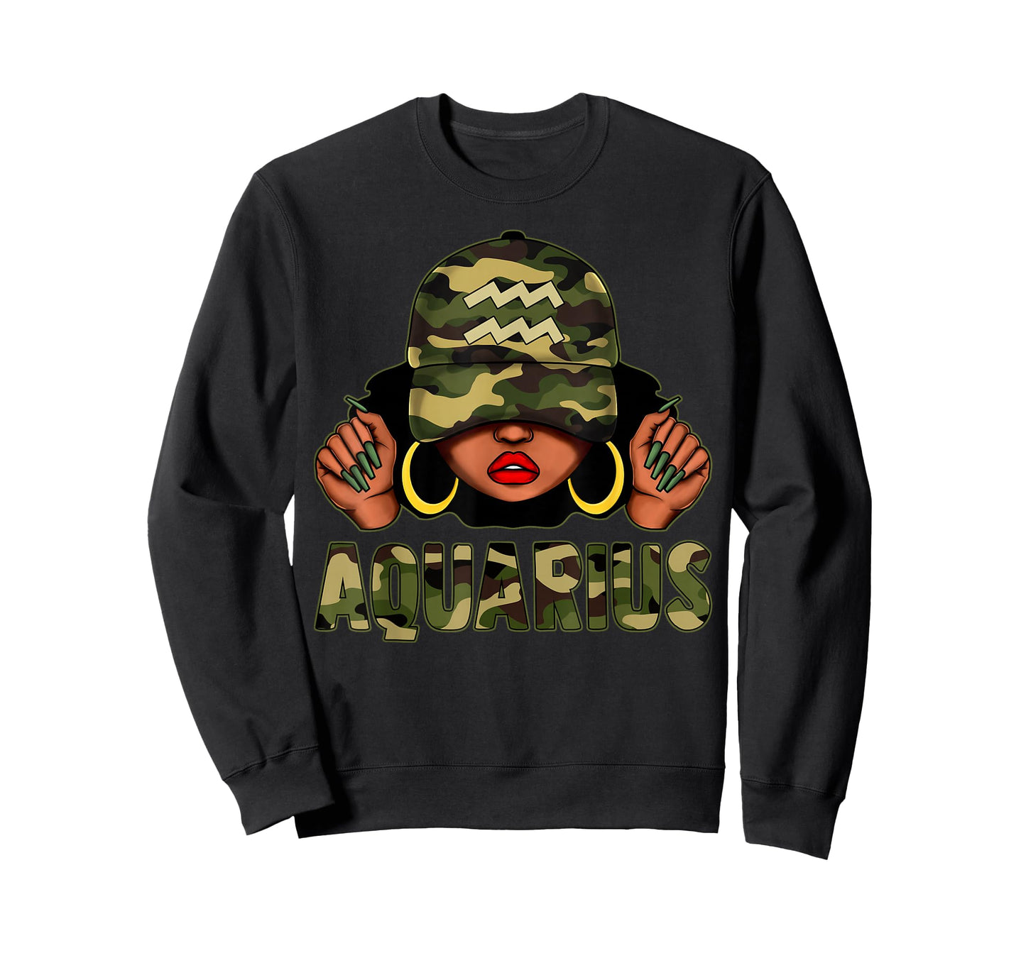 Aquarius Queen Black Woman With Cap Camo Afro Girl Zodiac T-Shirt