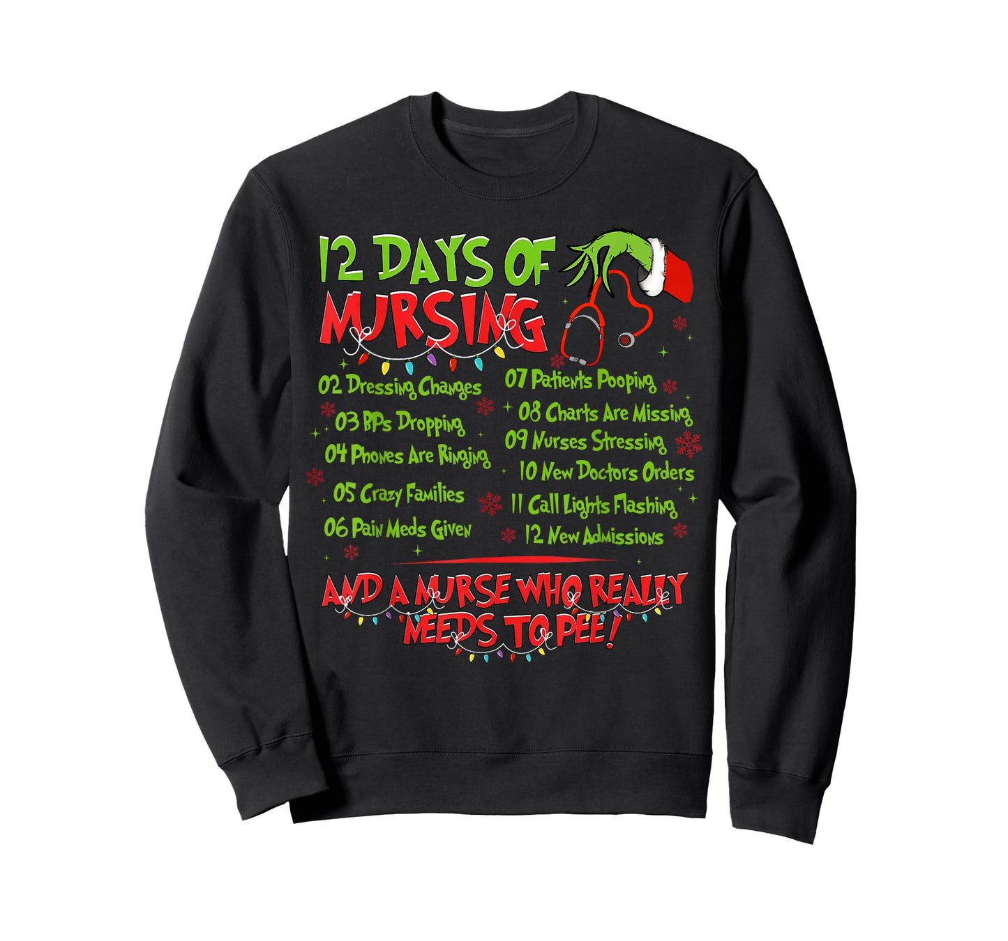 12 Days of Nursing Nurse Merry Christmas Xmas Lights Holiday T-Shirt