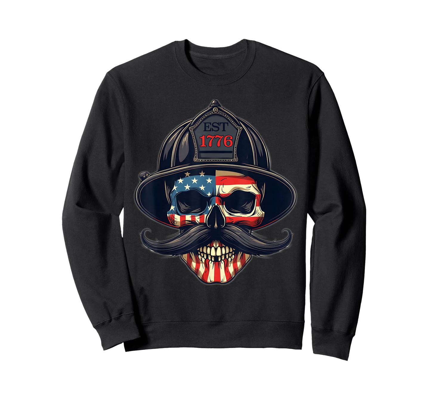 Firefighter Skull Mustache Fire Fighter Fireman USA Flag T-Shirt