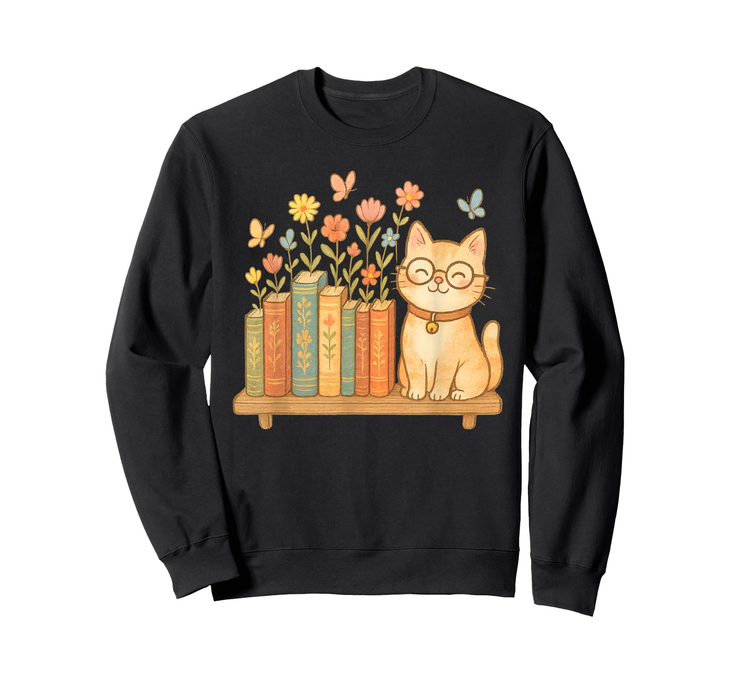 Cute Kawaii Cat Books Flowers T-Shirt