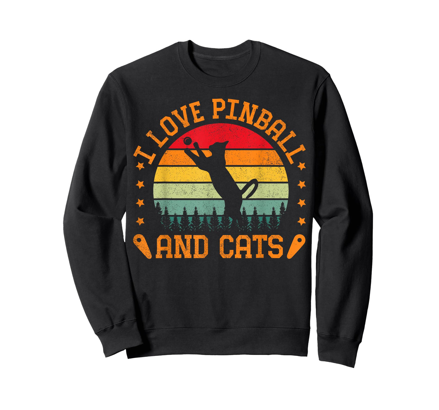 Retro Sunset I Love Pinball And Cats Pinball Machine Gamer T-Shirt