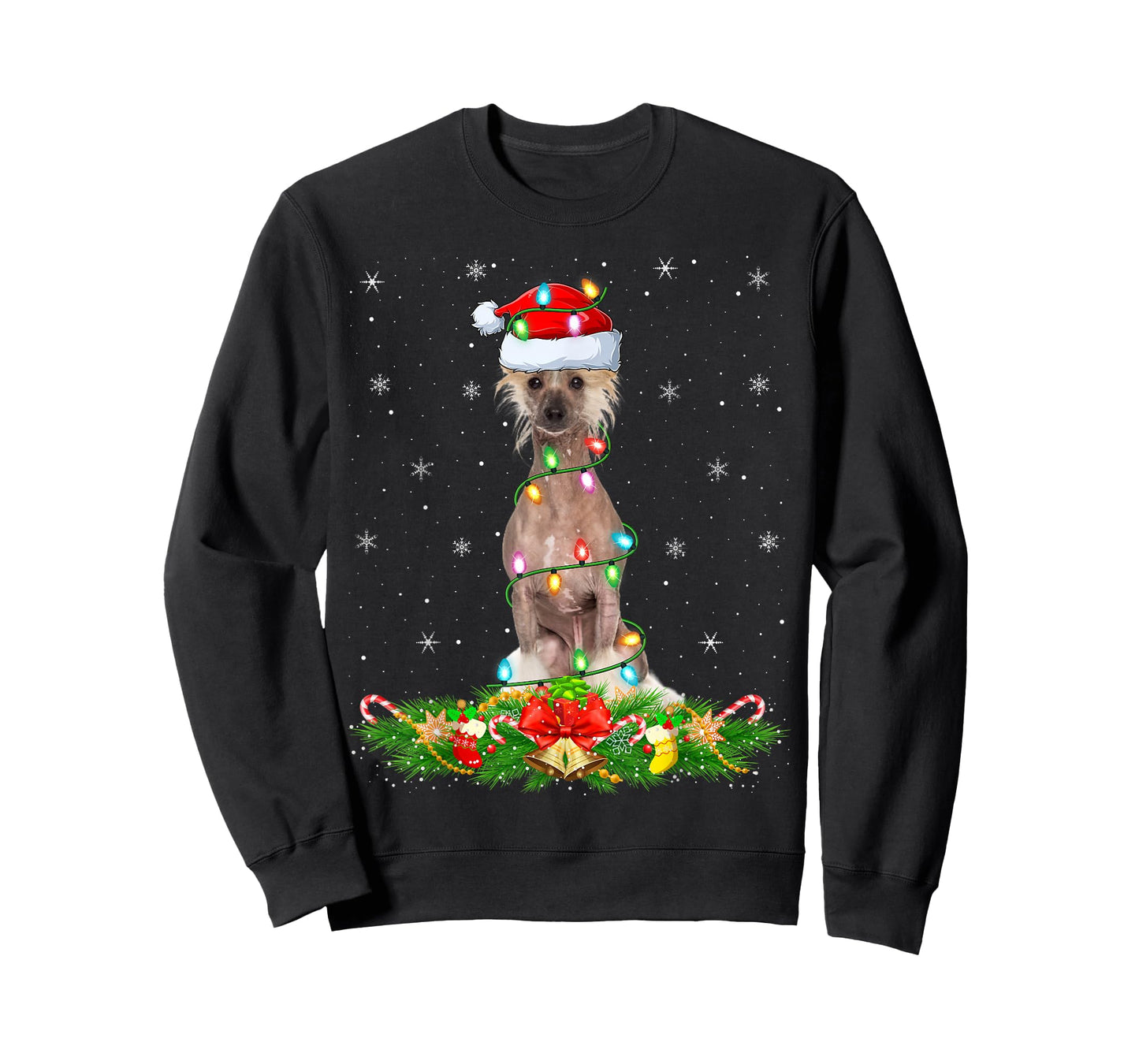Chinese Crested Dog Christmas Lights Funny Santa Hat Xmas T-Shirt