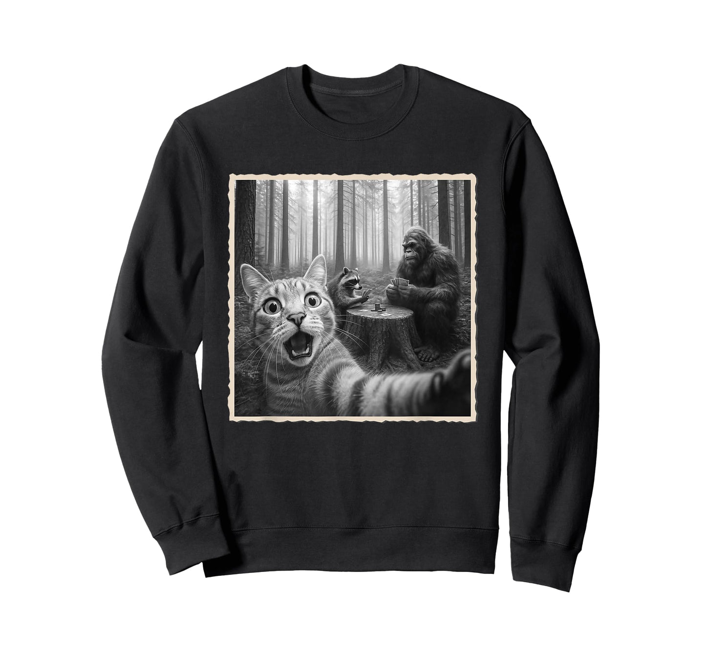 Cat Selfie With Bigfoot & Raccoon | Funny Scared Cat T-Shirt