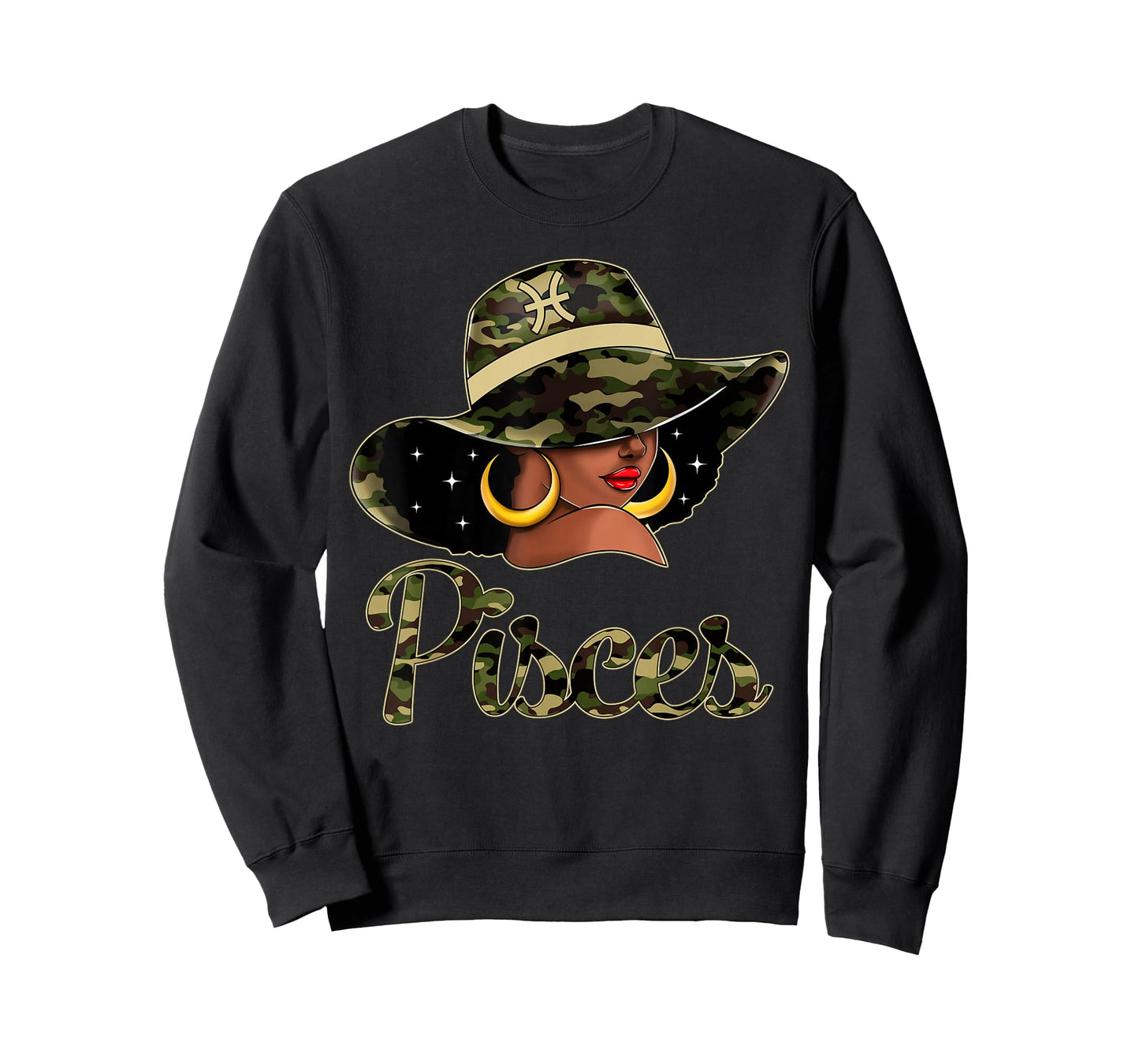 Pisces Queen Black Woman With Hat Camo Afro Woman Zodiac T-Shirt
