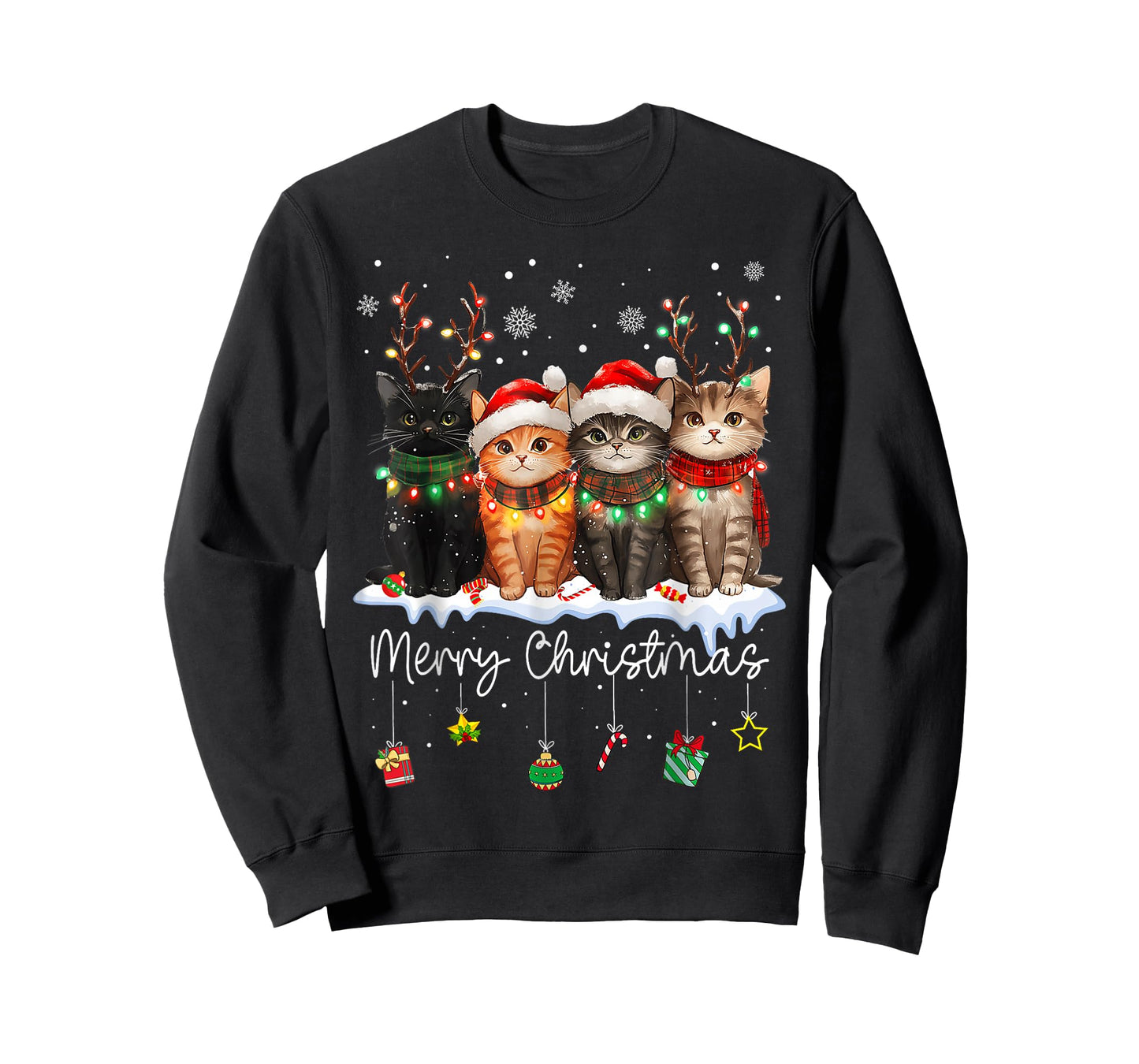 Cat Merry Christmas Light Reindeer Santa Christmas Cat Lover T-Shirt