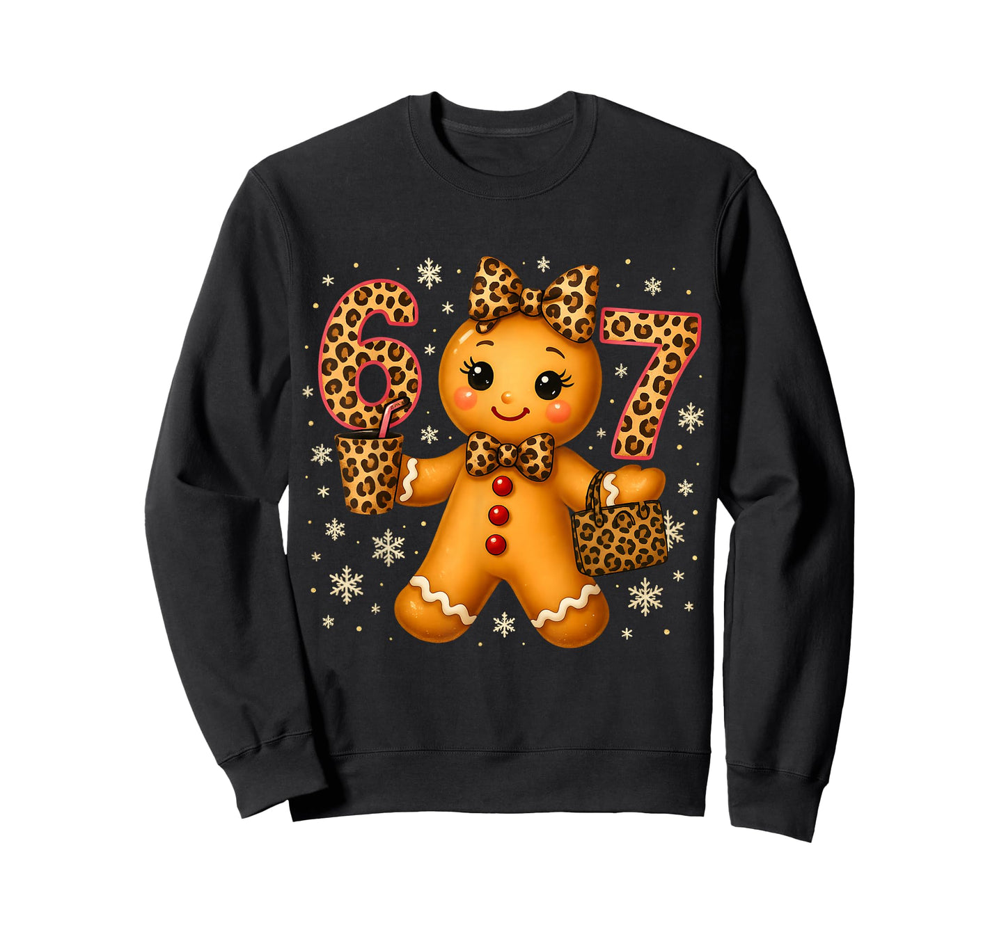 Funny 6 7 Christmas Leopard Bow Gingerbread Girls Women T-Shirt