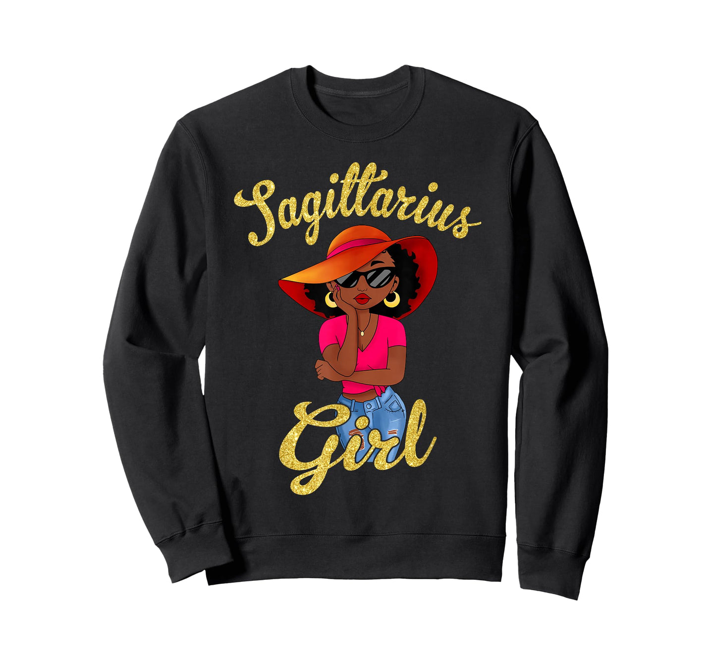 Sagittarius Black Girl Sun Hat Glasses Zodiac Birthday Women T-Shirt