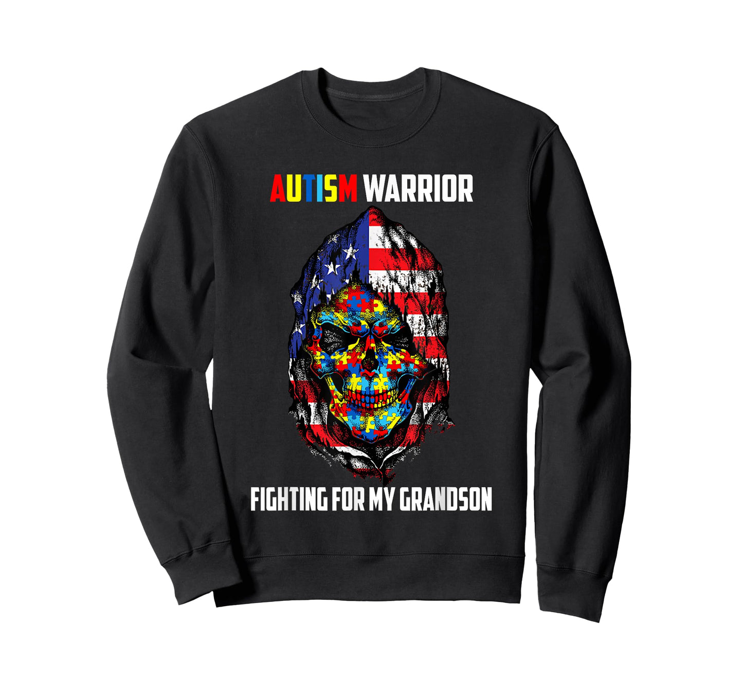 Autism Warrior Fighting For My Grandson Skull American Flag Women Men T-Shirt