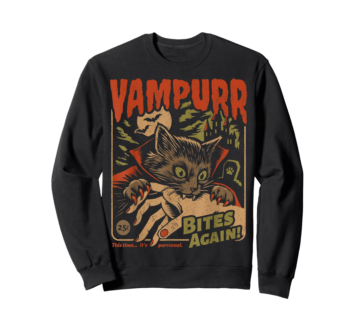 Vampurr Bites Again! Funny Cat Halloween Vintage Graphic T-Shirt