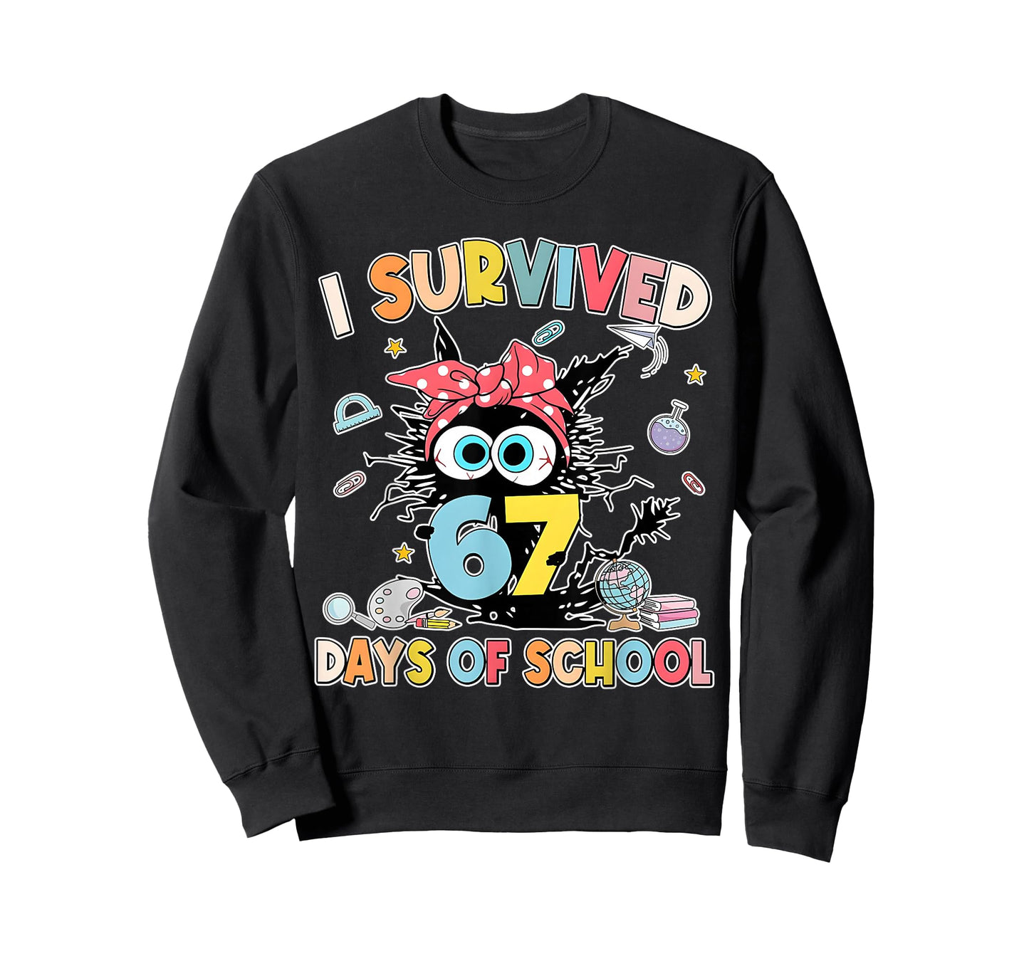6 7 Meme Kids I Survived 67 Days of School Funny Black Cat T-Shirt