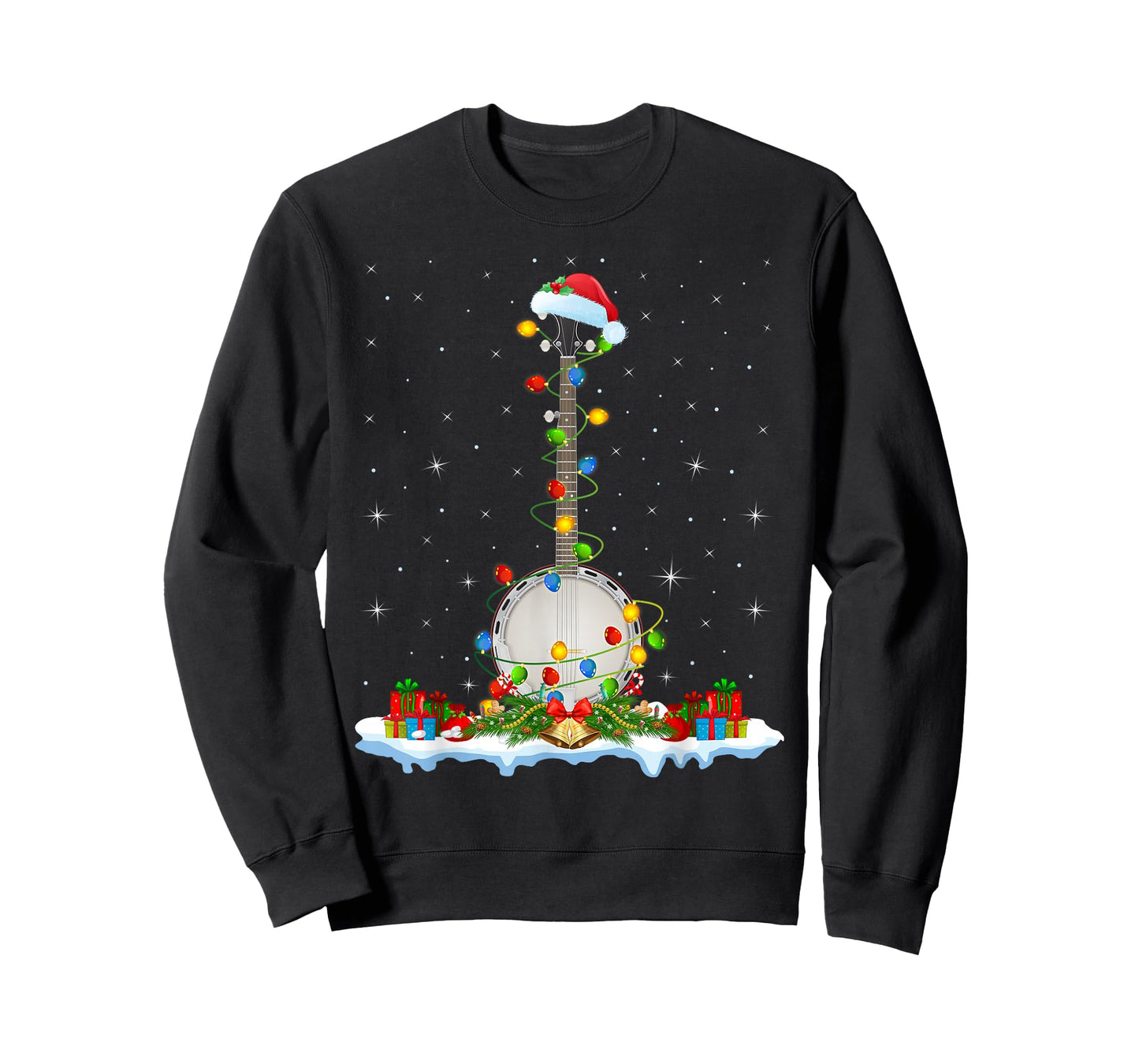 Banjo Christmas Lights Santa Hat Music Banjo Player Xmas T-Shirt