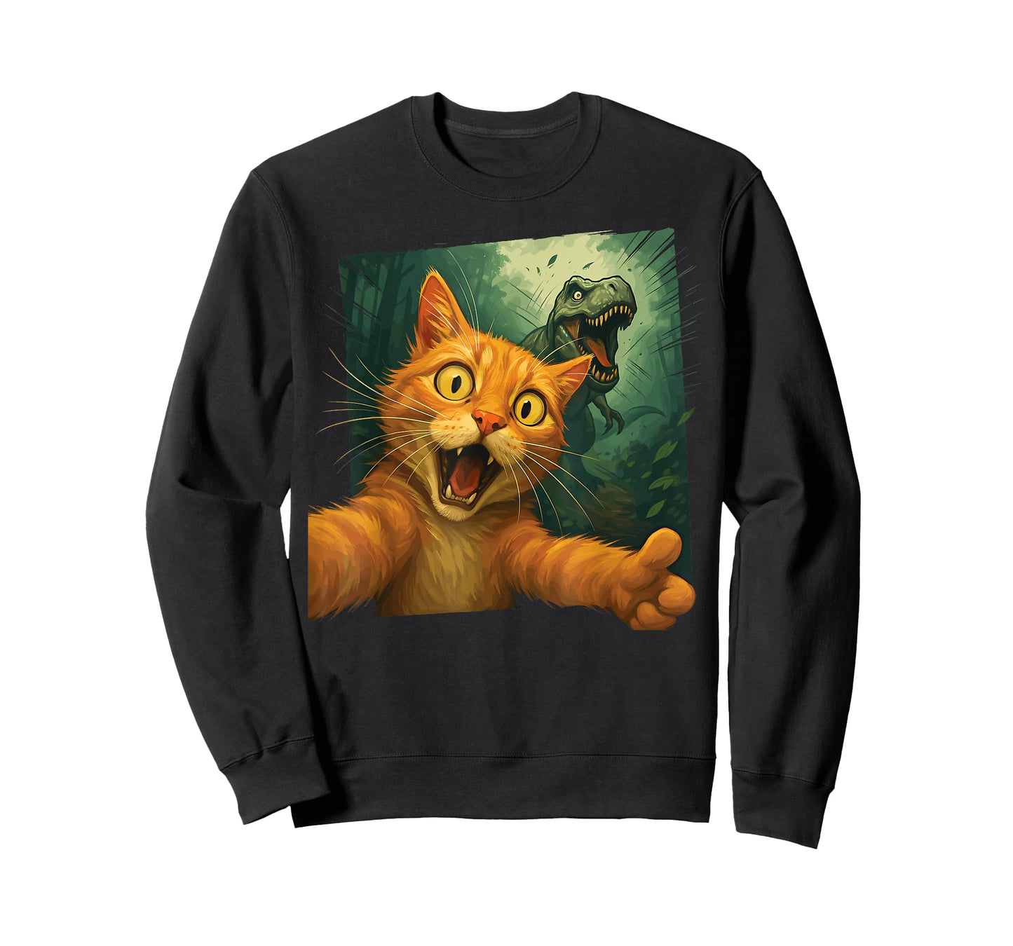 Cat Selfie T-Rex Chase Funny Dinosaur Meme Graphic Art T-Shirt