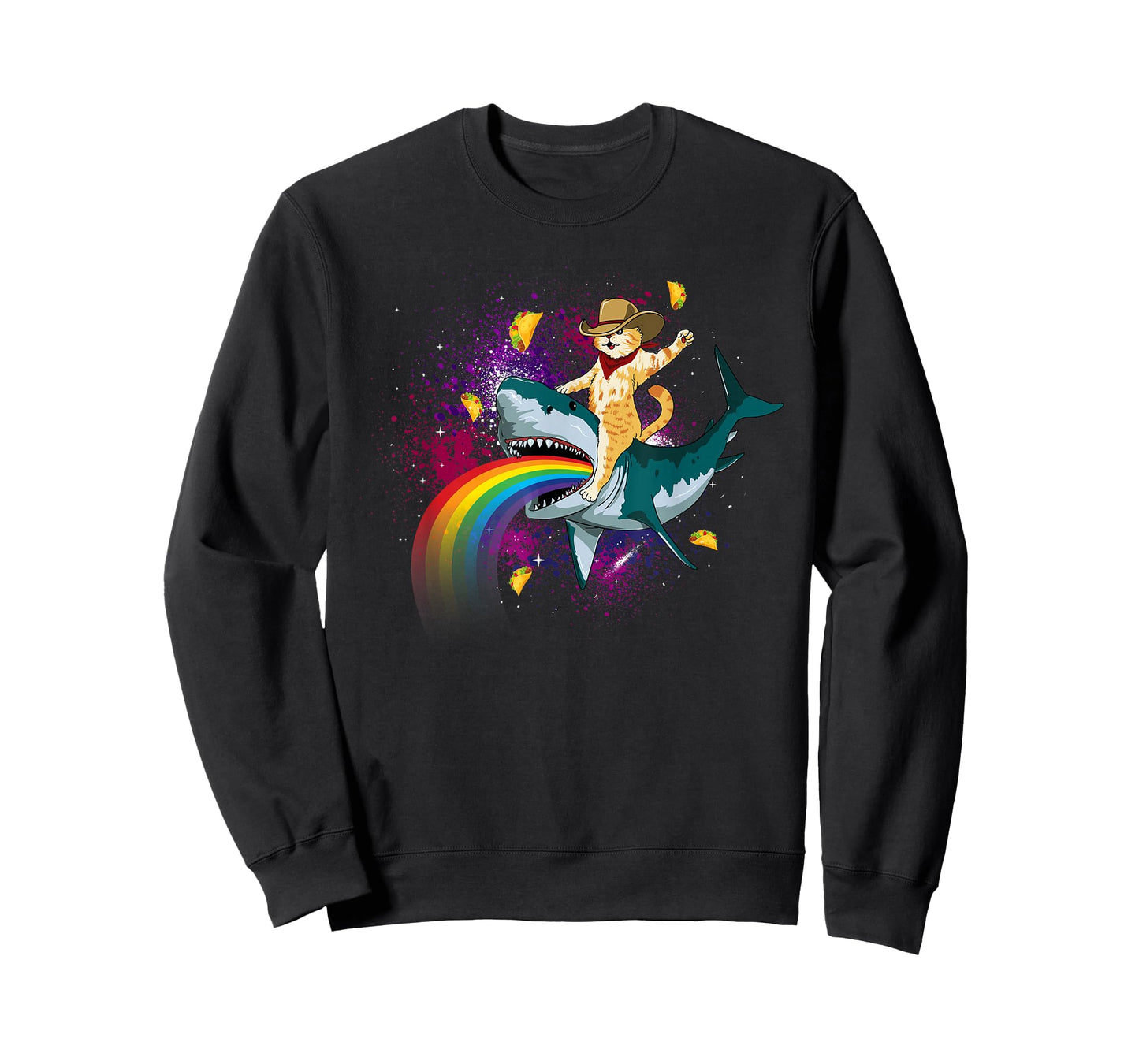 Western Cowboy Cat Riding A Shark In Taco Space Rainbow T-Shirt