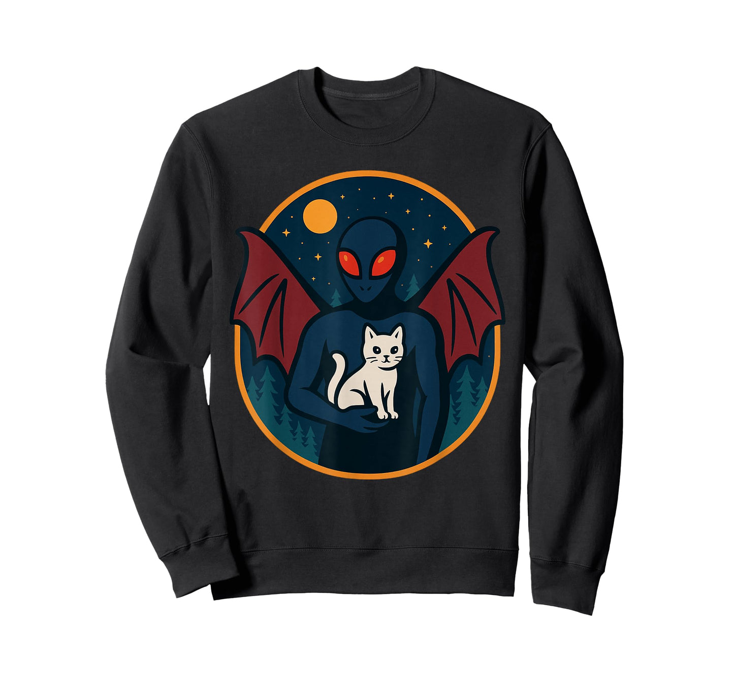 Funny Mothman Holds Cat Under Moonlight in Whimsical Forest T-Shirt