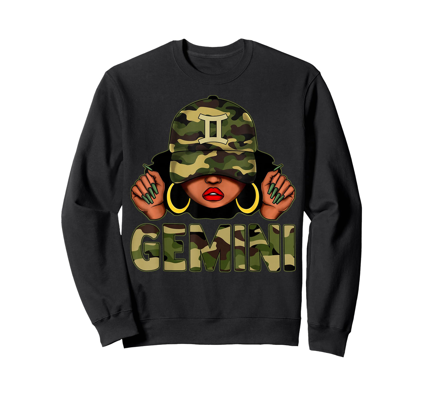 Gemini Queen Black Woman With Cap Camo Afro Girl Zodiac T-Shirt