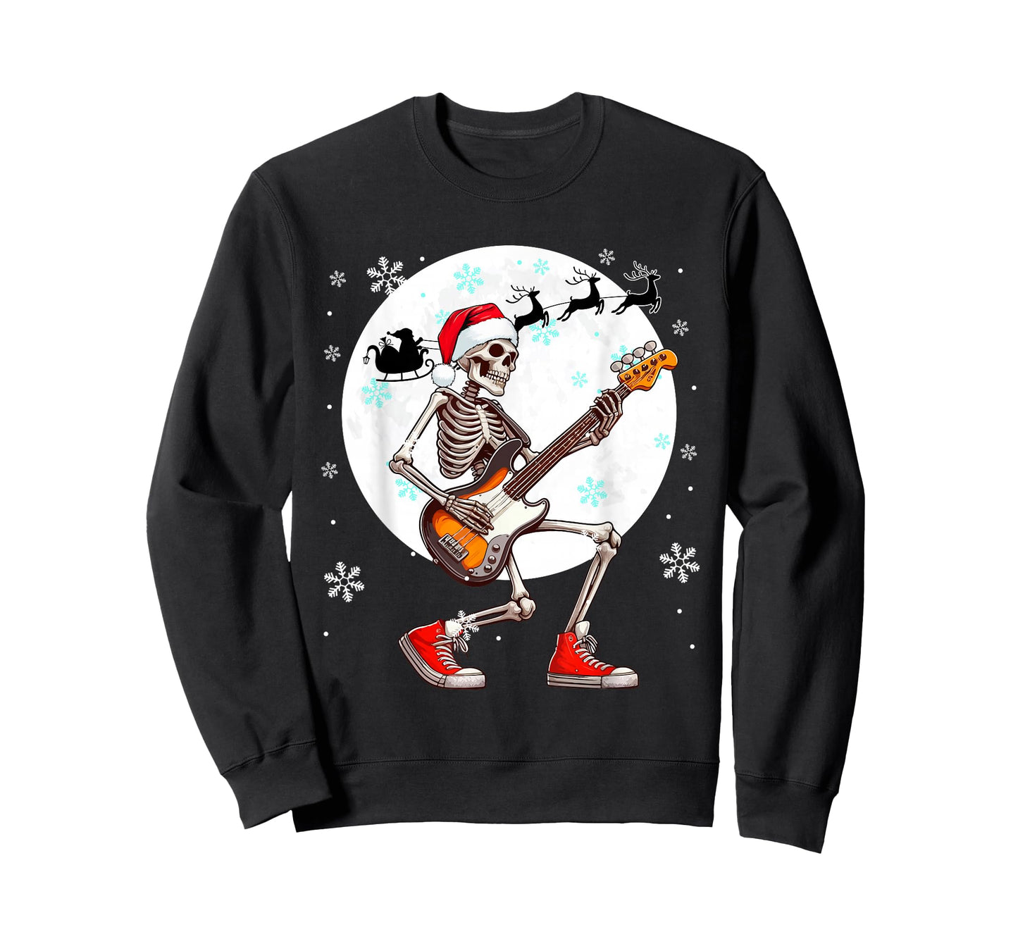 Christmas Santa Skeletons Playing Guitar Bass Guitarist T-Shirt