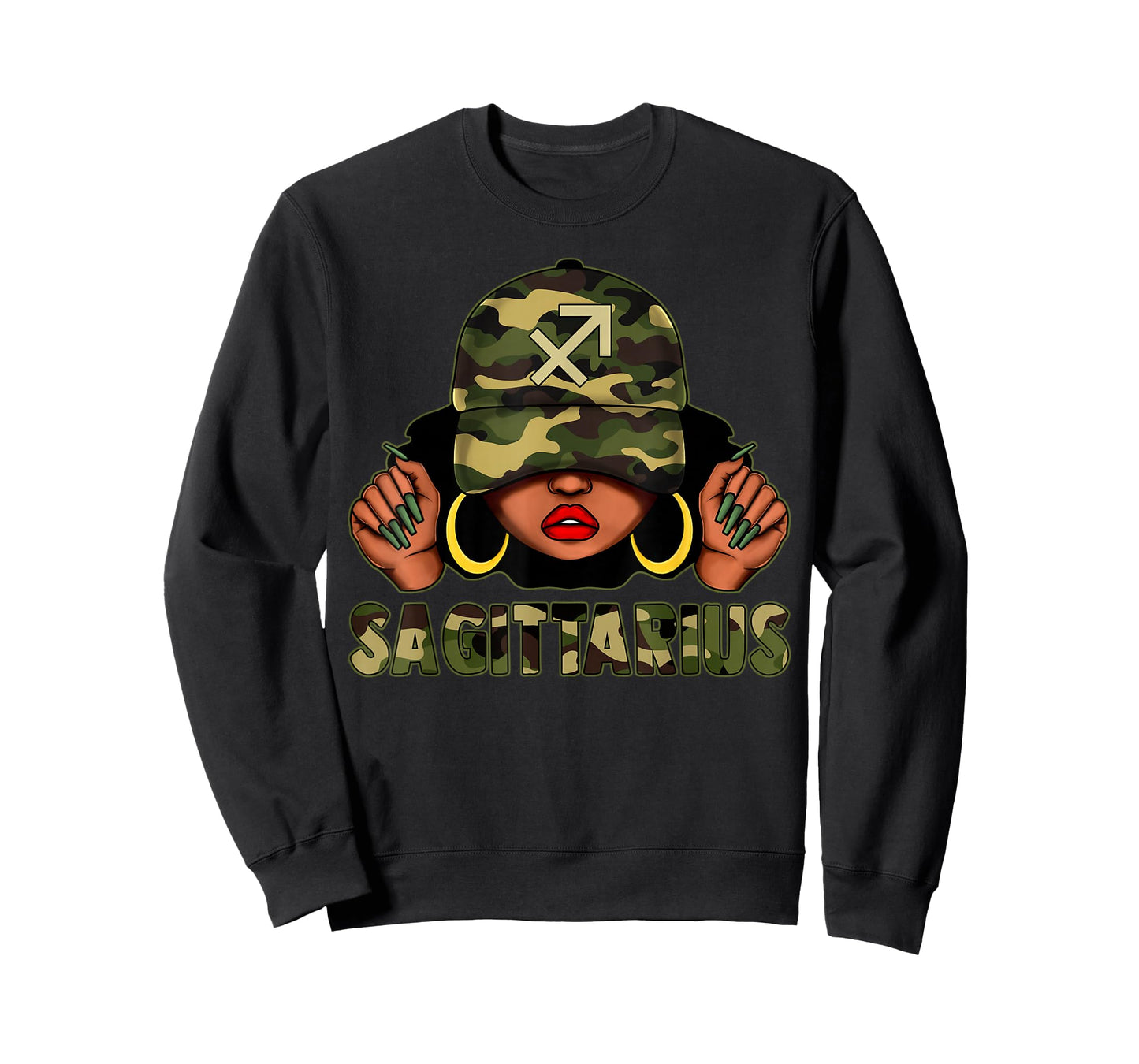 Sagittarius Queen Black Woman with Cap Camo Afro Girl Zodiac T-Shirt