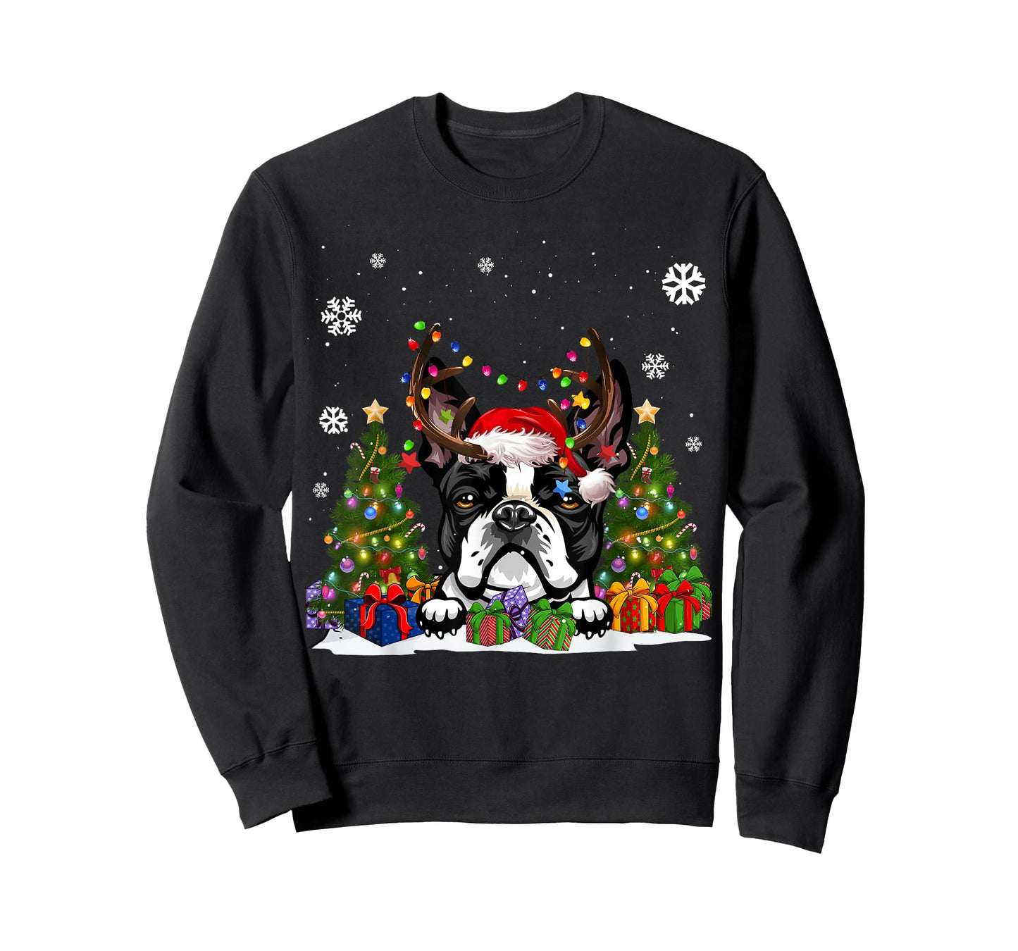 Funny Dog Boston Terrier Santa Hat Ugly Christmas Sweater T-Shirt for Men Women Kids