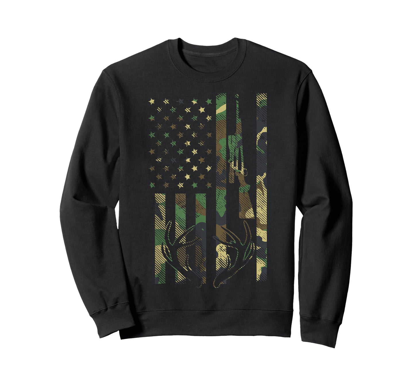 Camo American Flag Rifle Antler Deer Hunting Gun Hunter Gift T-Shirt