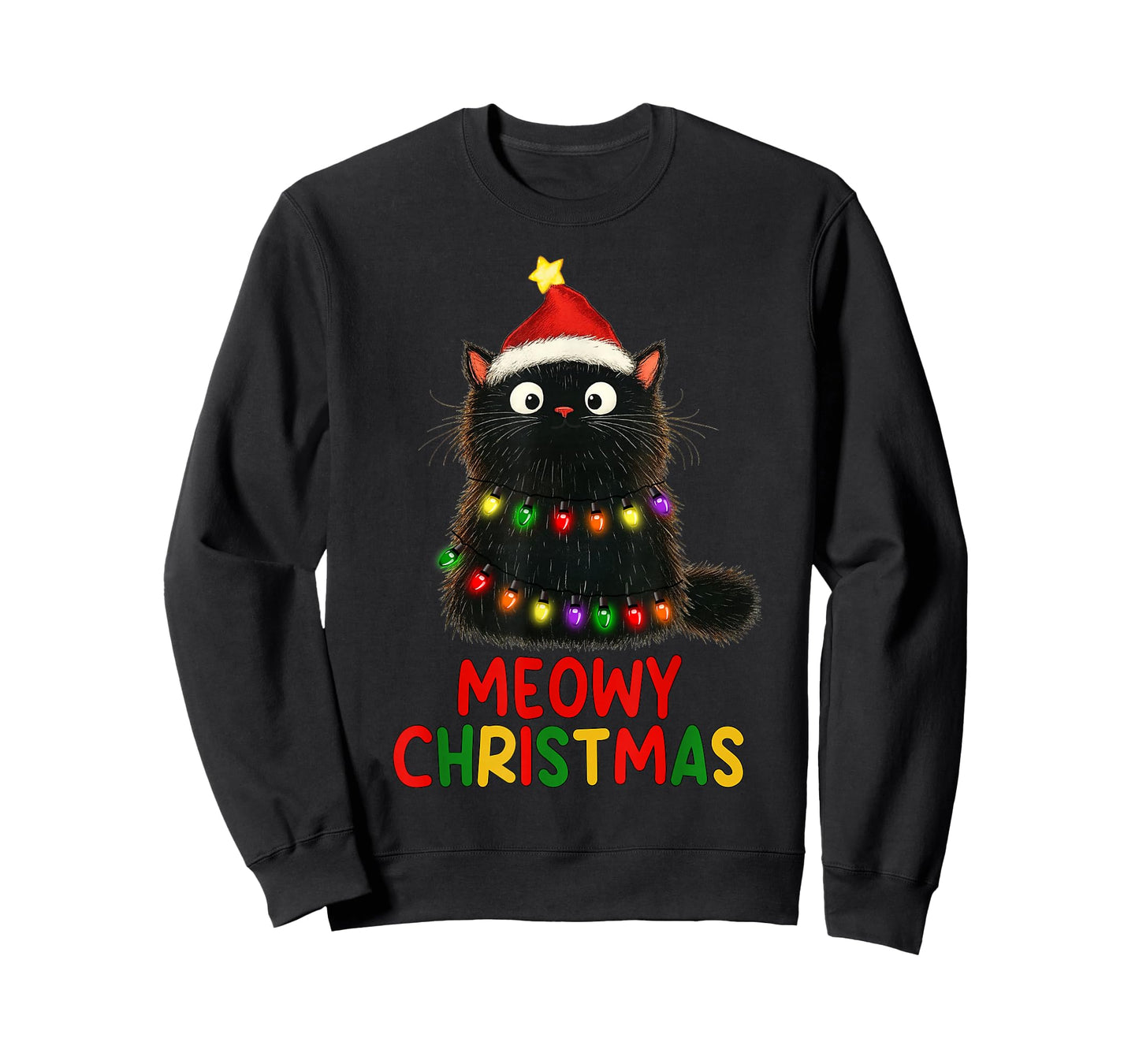 Meowy Christmas Tree Lights Black Cat Xmas Pajamas Cat Lover T-Shirt