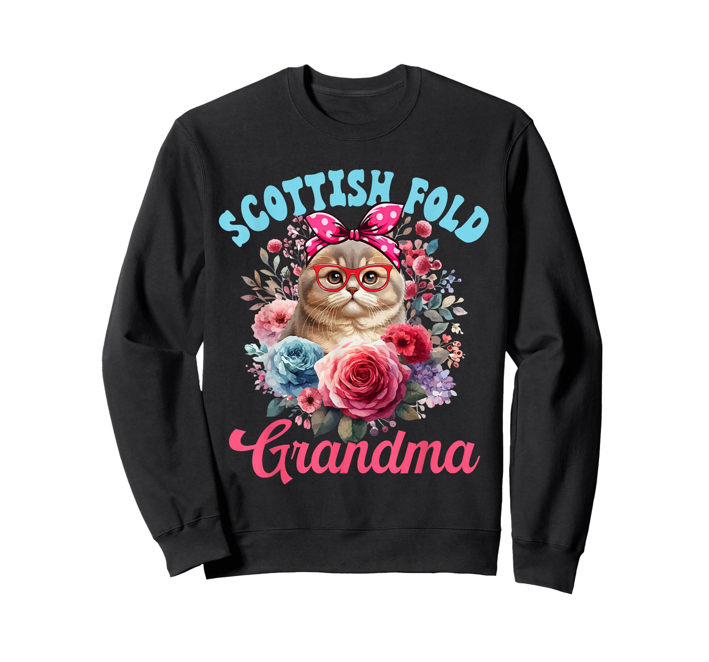 Scottish Fold Grandma Mother's Day Cat Bow Tie Floral T-Shirt
