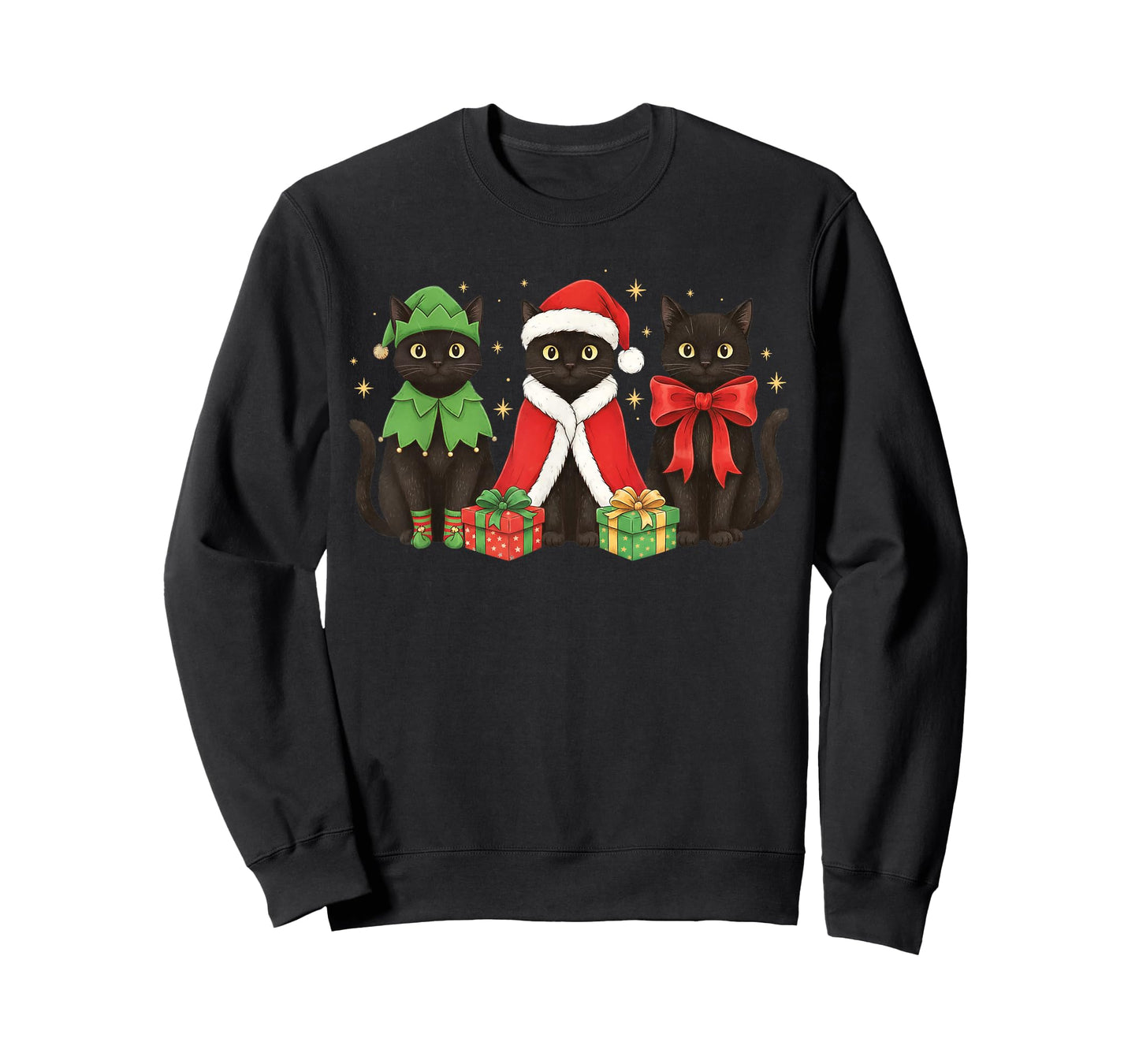 Retro Black Cat Christmas Holiday X-Mas Funny Santa Hat Elf T-Shirt