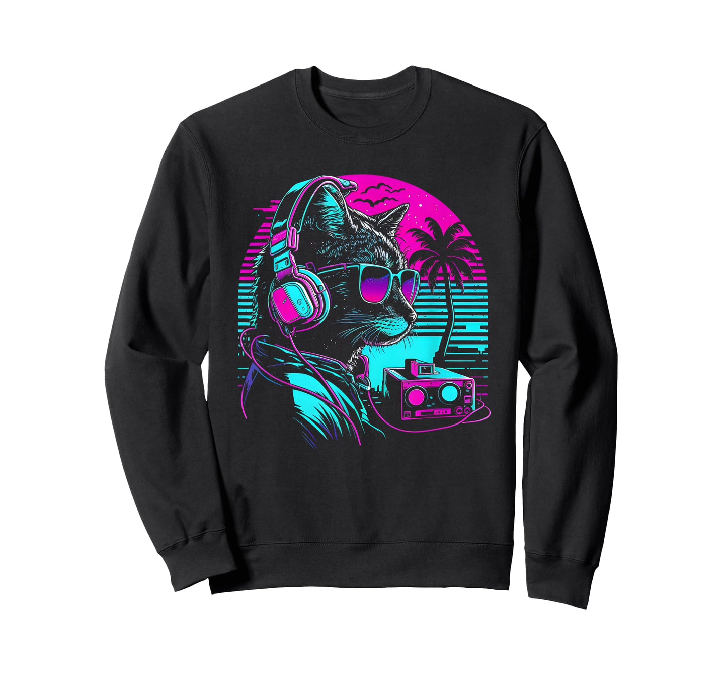 House DJ Cat 80s 90s Kitten Sunset Rainbow DJ Cat Kitty T-Shirt