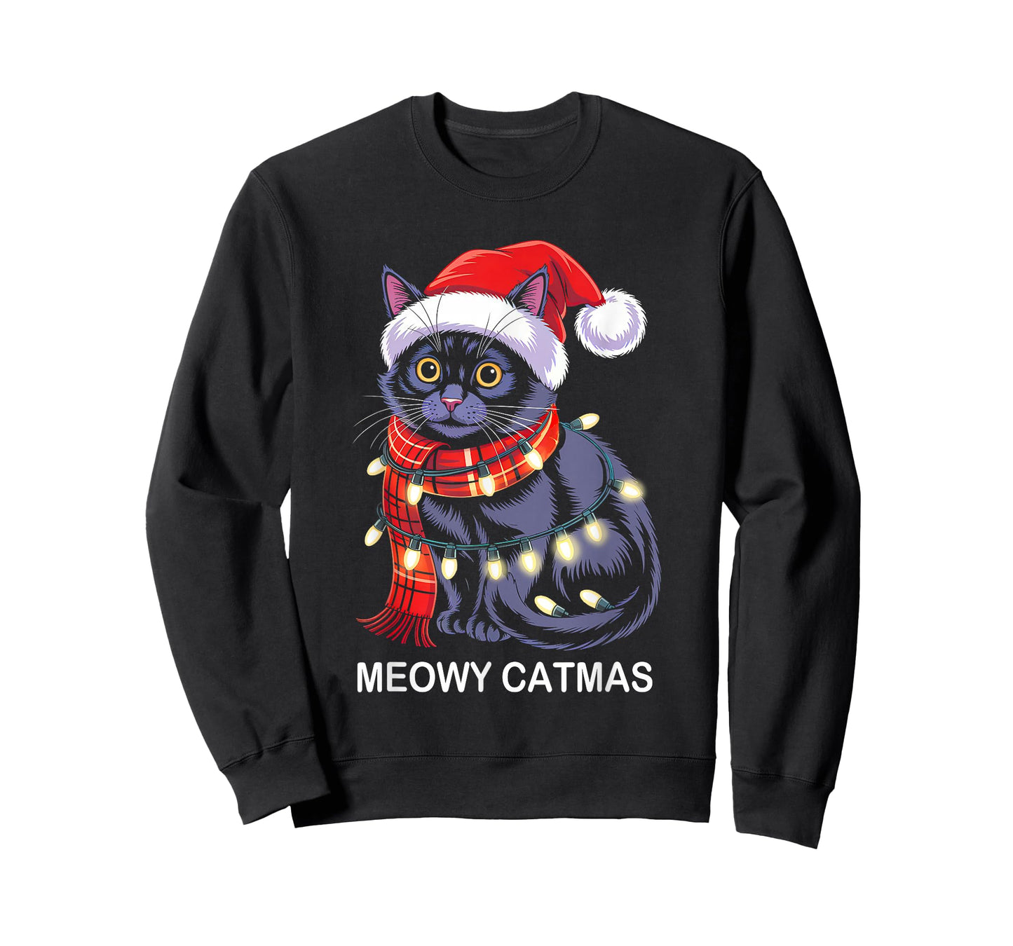 Meowy Catmas Christmas Lights Black Cat Santa Xmas Pajamas T-Shirt