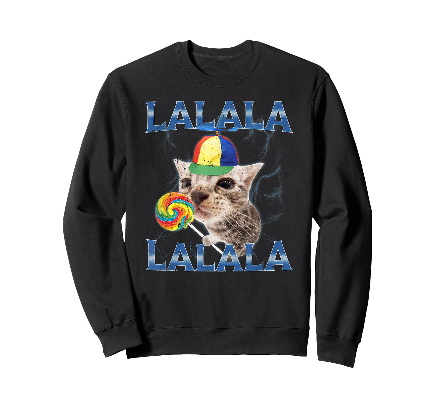 Silly Lalala Cat Meme with Propeller Hat and Candy T-Shirt