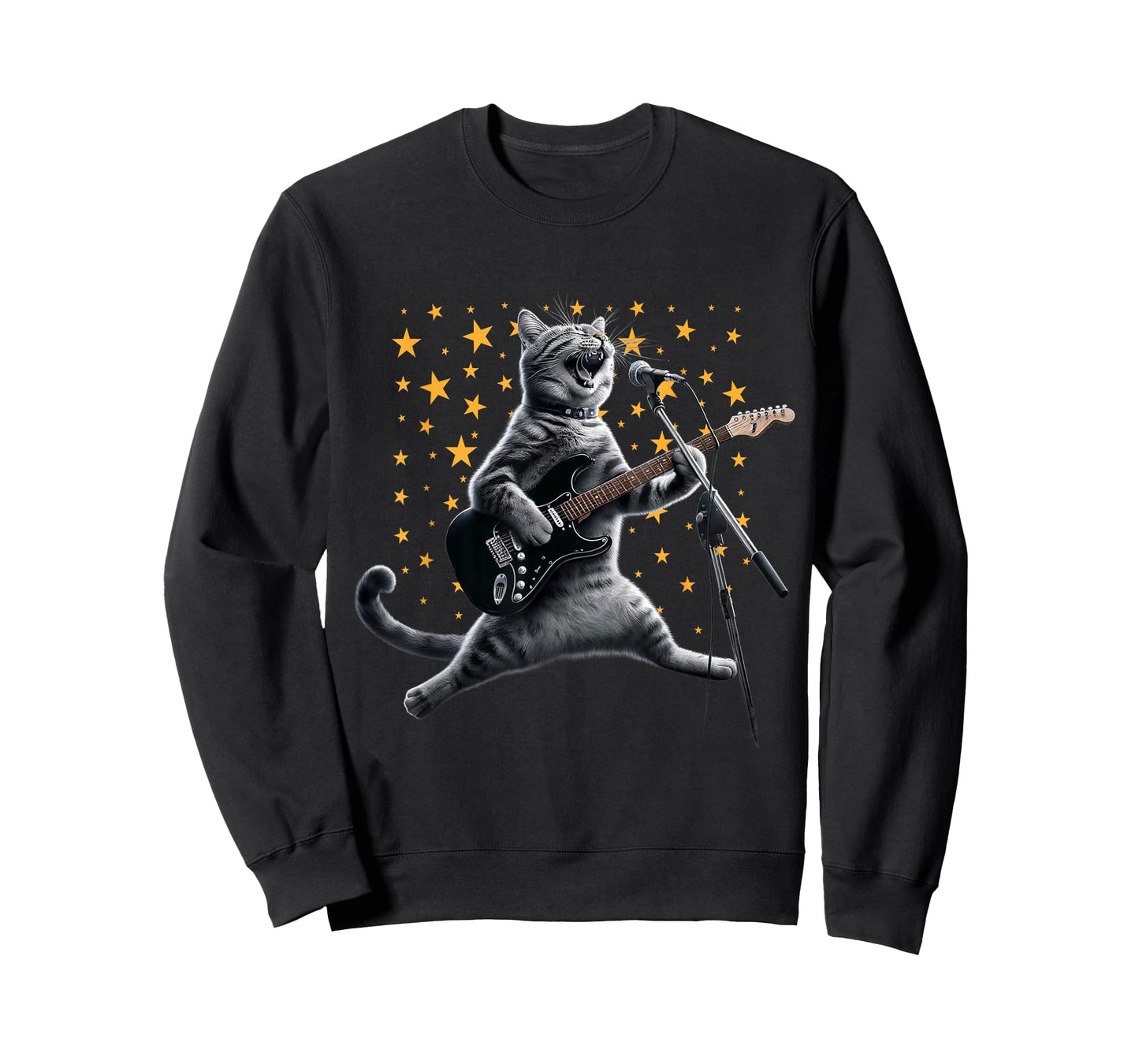 Rock Cat Playing Guitar Electric in space Funny kitty Galaxy T-Shirt