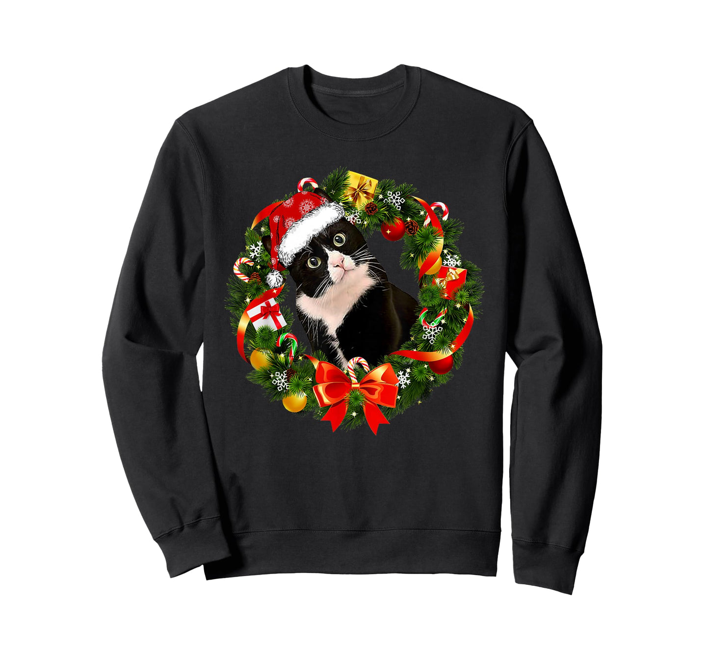 Funny Tuxedo Cat Christmas Wreath Ornament T-Shirt