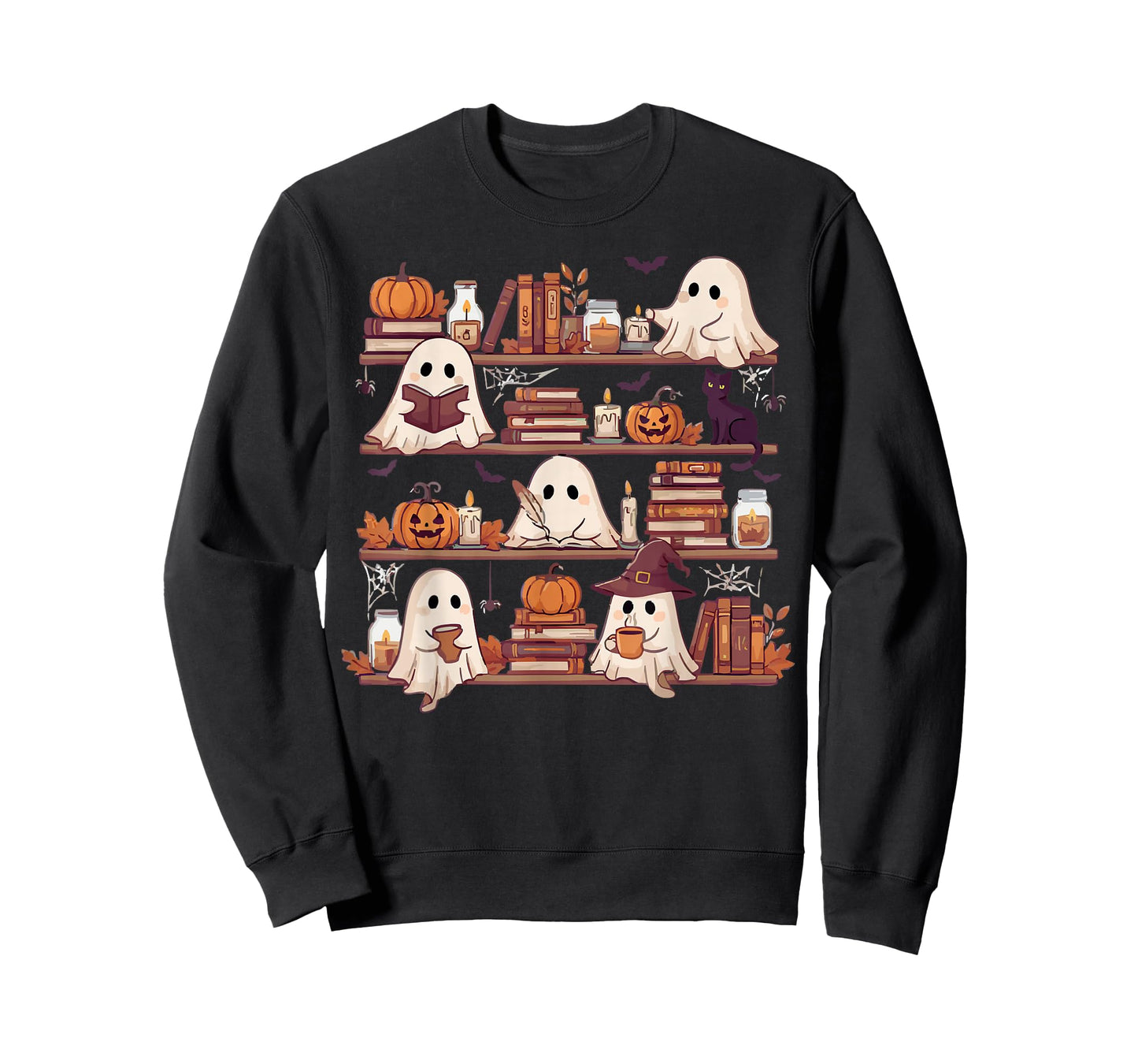 Retro Ghosts Reading Book Halloween Bookshelf Spooky Library T-Shirt