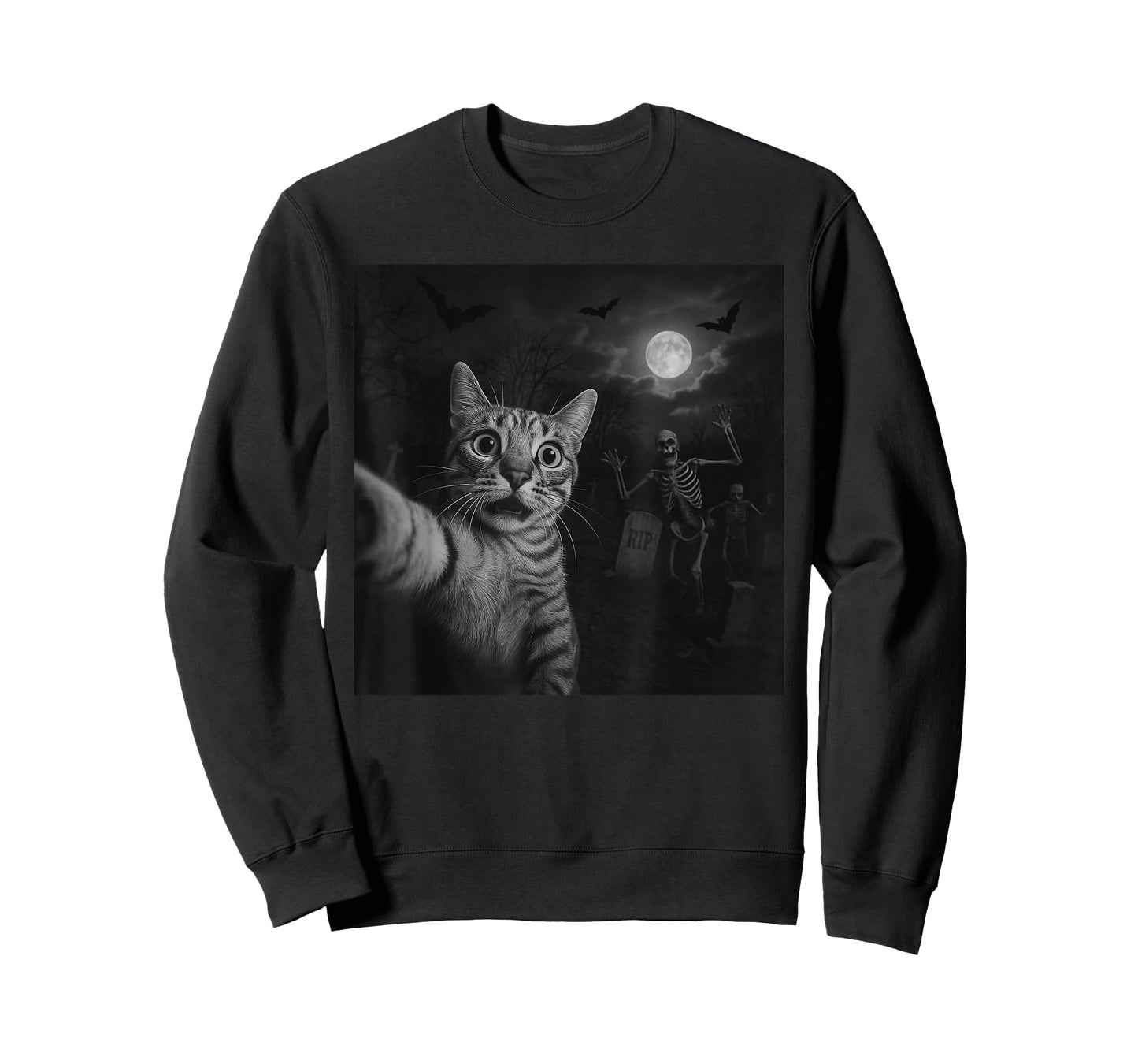 Funny Halloween Surprised Scared Cat Selfie Spooky Skeleton T-Shirt
