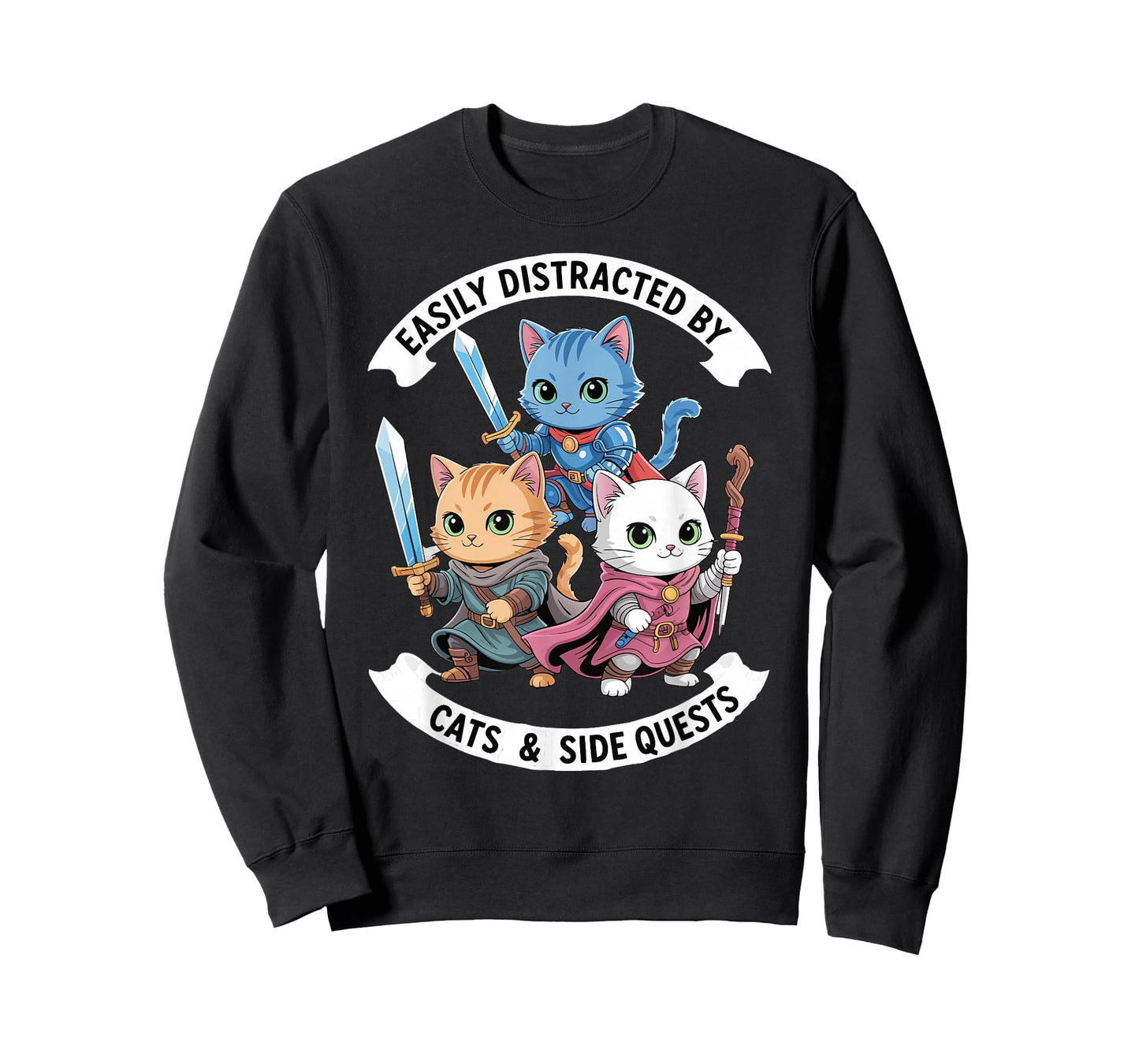 Easily Distracted by Cats & Side Quests Funny Cat Gamer RPG T-Shirt