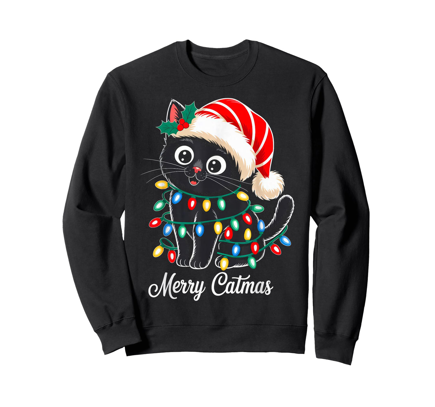 Cute Black Cat Christmas Lights Santa Hat Xmas Merry Catmas T-Shirt