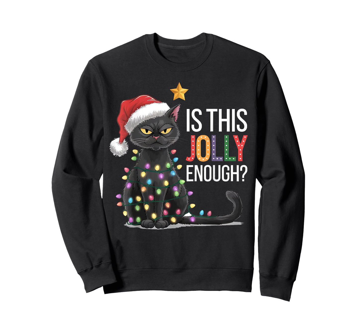 Is This Jolly Enough Black Cat Funny Christmas Tree Lights T-Shirt