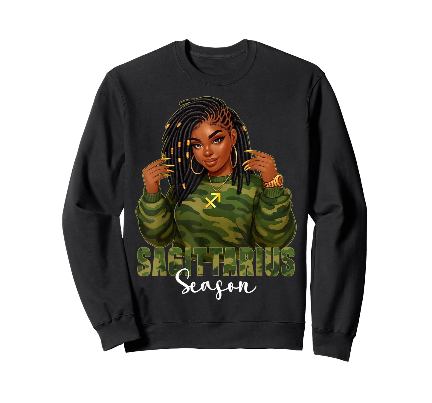 Sagittarius Season Loc'd Black Woman Camo Zodiac Sign T-Shirt