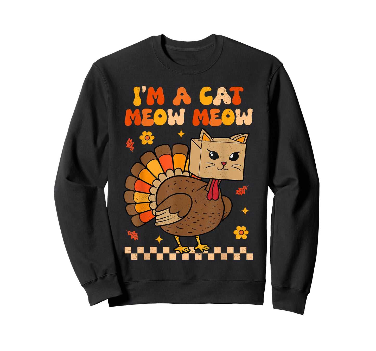 Groovy Thanksgiving Turkey Cat Meow Funny Women Men Kids T-Shirt