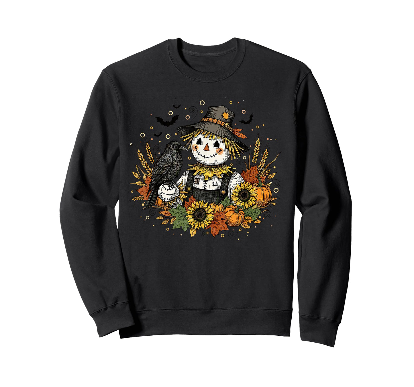 Cute Autumn Scarecrow with Sunflowers and Crow Art T-Shirt