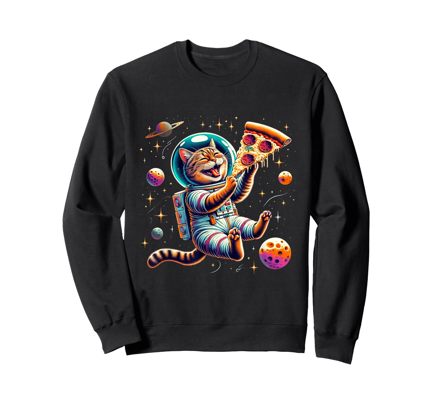 Funny Cat eating Pizza in space kitty Galaxy T-Shirt for Men Women Kids