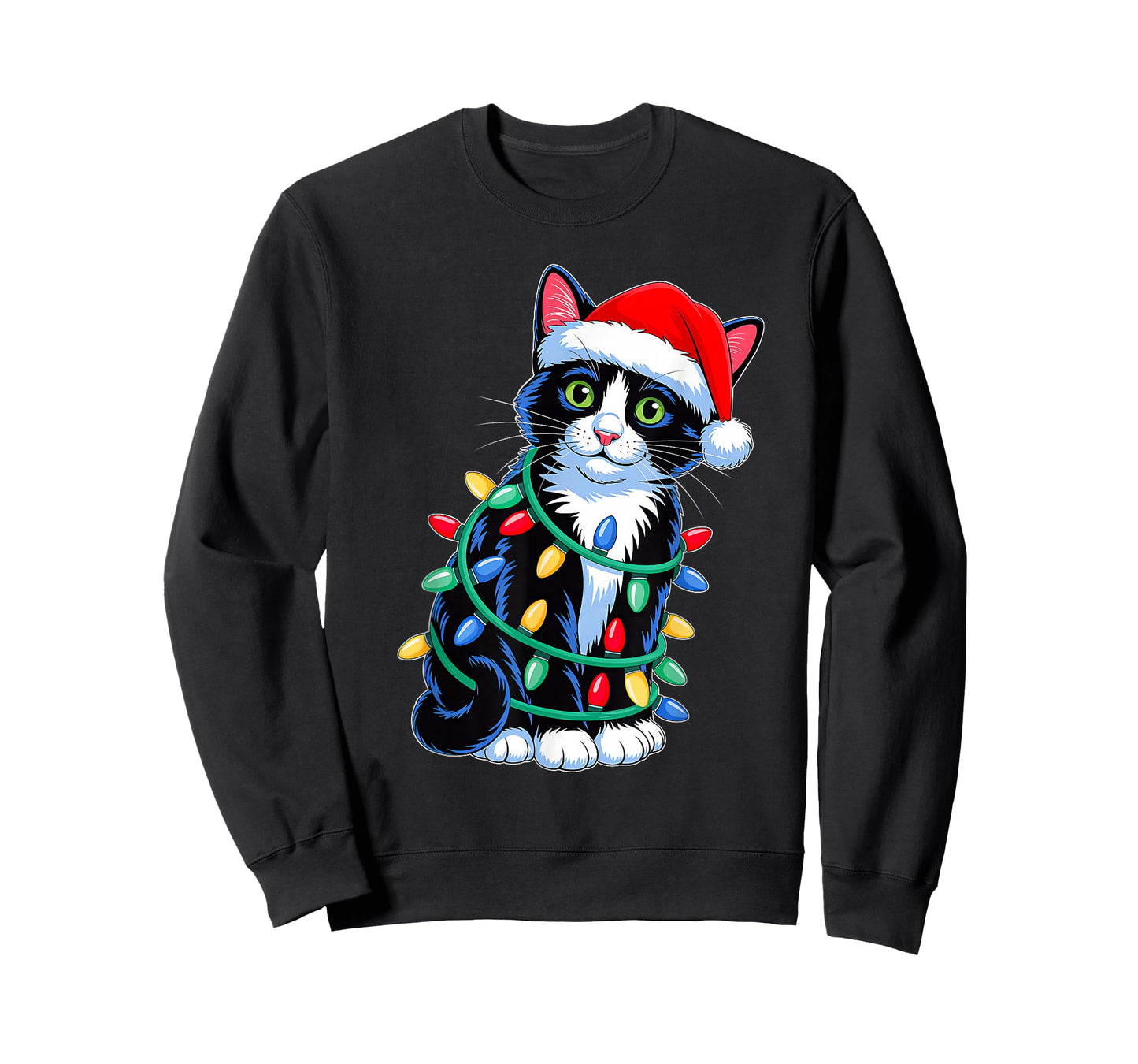 Black Cat Christmas Lights Santa Hat Xmas Family Men Women T-Shirt