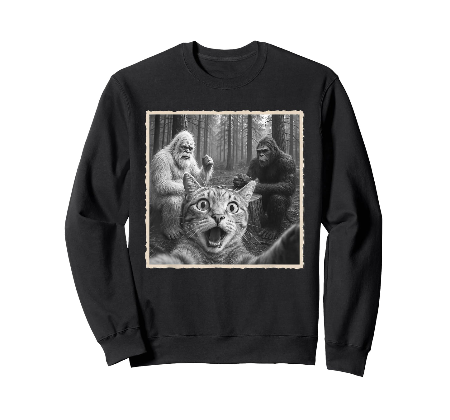 Cat Selfie With Yeti & Bigfoot | Funny Scared Cat T-Shirt