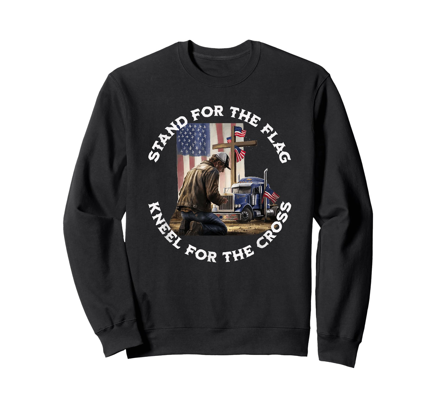 American Trucker Praying At The Cross & US Flag Christian T-Shirt