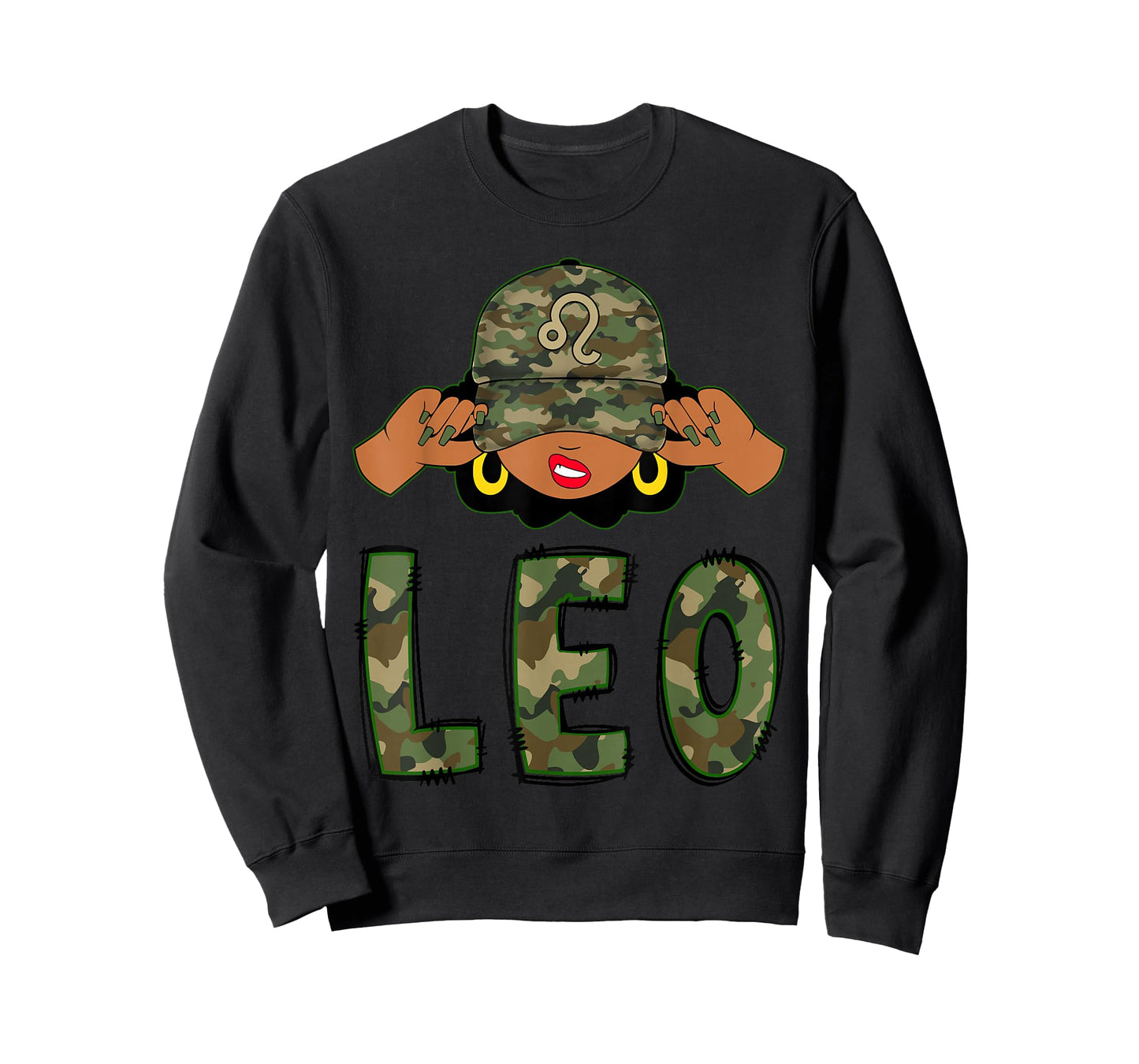Leo Queen Black Woman With Camo Cap Afro Girl Zodiac T-Shirt