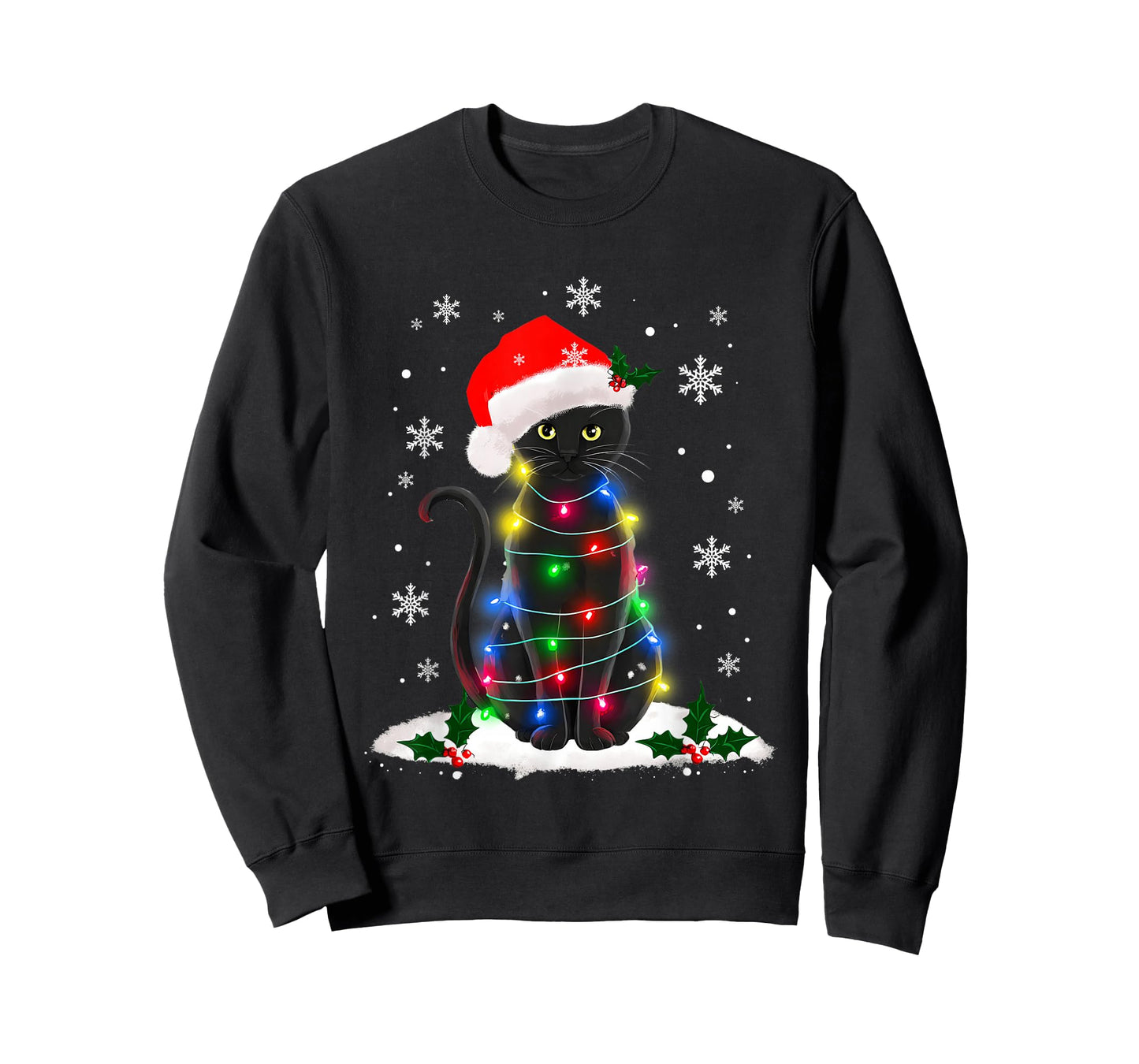 Funny Santa Kitten Black Cat Christmas Tree Lights T-Shirt