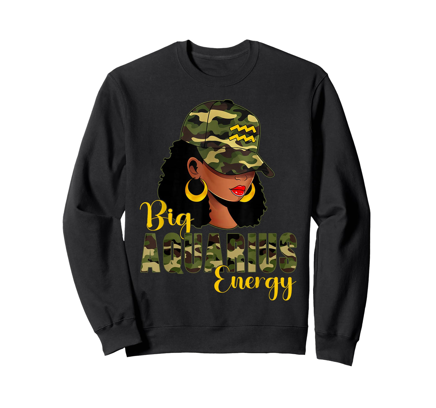Big Aquarius Energy Camouflage Black Woman Cap Zodiac T-Shirt