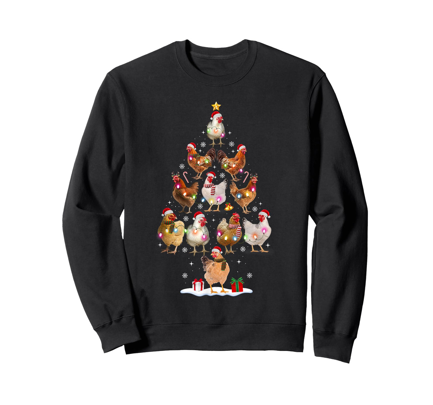 Chicken Christmas Tree Lights Santa Hat Funny Xmas Pajamas T-Shirt