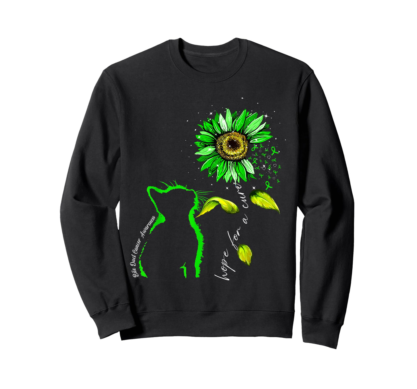 Sunflower Cat Green Bile Duct Cancer Awareness T-Shirt